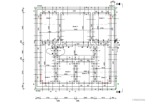 Плотность размещения ядер жесткости здания показана на схеме опалубки компании PASCHAL-Danmark A/S,  г. Глоструп. 