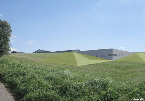 Визуализация проекта документирует процесс интеграции технического здания с озелененной крышей в окружающий ландшафт.