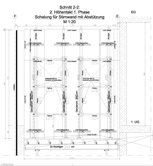 Фрагмент плана опалубки для наружных стен шахты автомобильного лифта