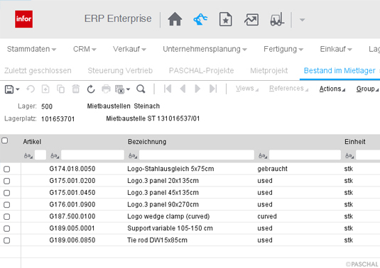 Screenshot ERP-Rental - Bestand im Mietlager