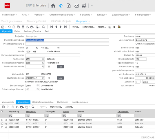 Screenshot ERP-Rental - Mietprojekte