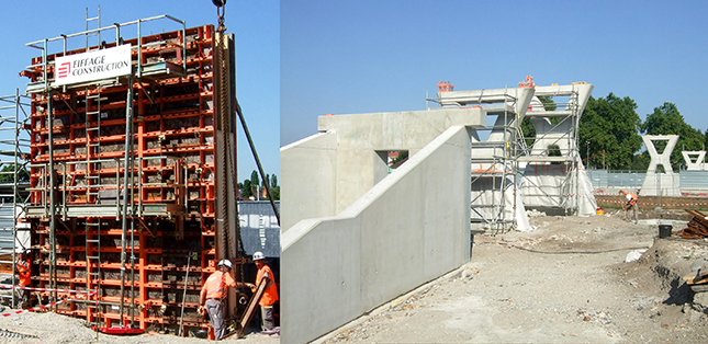 эстетичные опоры из облицовочного бетона для пешеходного моста в Агно