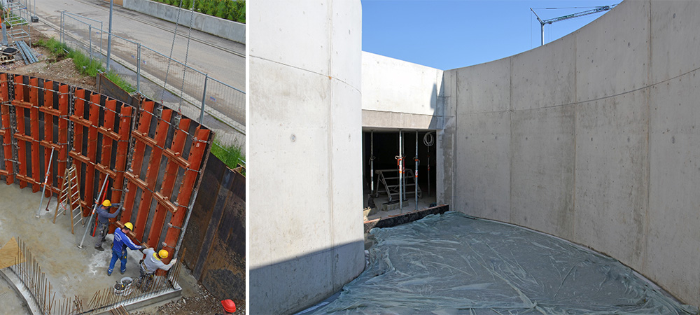 Links: Schalen der Tiefgaragenabfahrt, rechts: Fertig ausgeschalte Tiefgaragenabfahrt