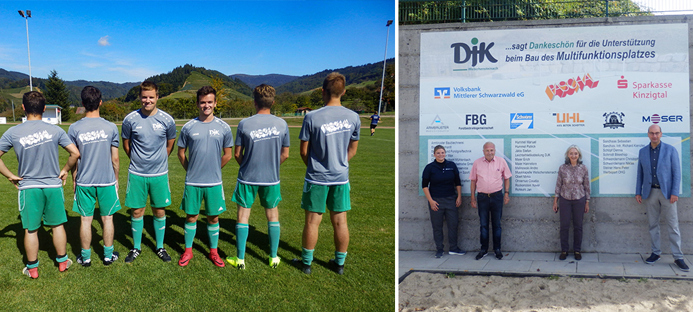À gauche : Joueurs du DJK Welschensteinach, à droite : représentants des entreprises sponsors du nouveau terrain multifonctionnel
